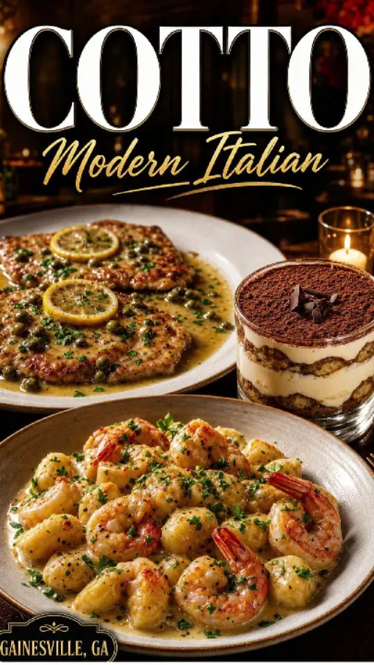 Cotto Modern Italian in Gainesville showing food, veal piccata, shrimp gnocchi, tiramisu, video by Georgia Foodies on Facebook