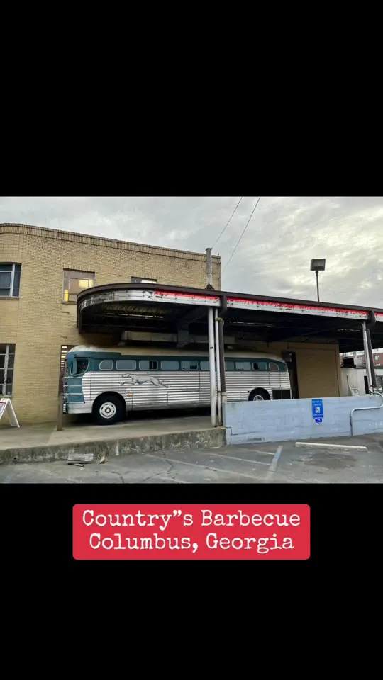 Country's Barbecue North in Columbus showing restaurant visit, atmosphere, restored bus station, 1930s greyhound bus, bbq, dessert, video by travelmama2 on TikTok