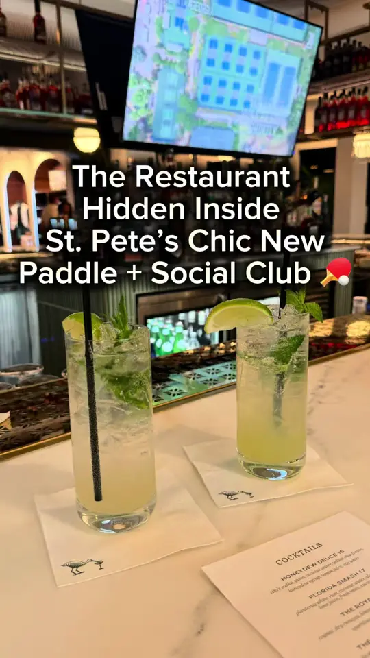 Courtside Grille in St. Petersburg showing restaurant visit, cocktails, full meals, house smoked fish rillette, caramelized french onion & parmesan, garlic hummus with house-made chips, shrimp cocktail, video by eatlocalflorida on TikTok