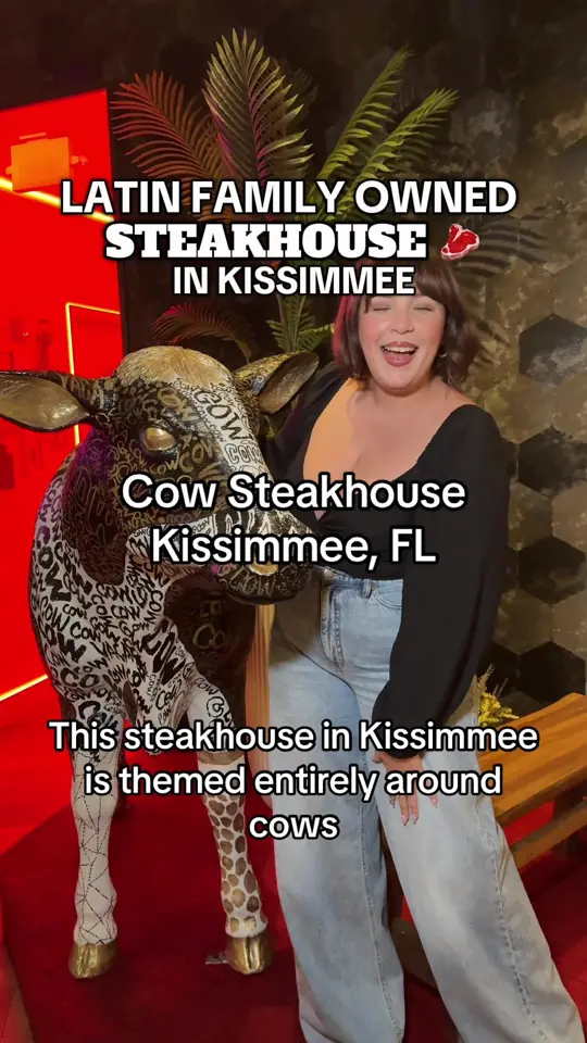 Cow Steakhouse in Kissimmee showing restaurant visit, steak dinner, garlic shrimp, plantain pastries, picanha, churros, tres leches, live music, video by beercutieandfoodie on TikTok
