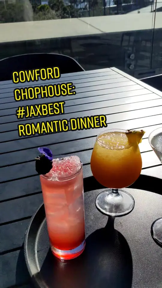 Cowford Chophouse in Jacksonville showing steak, seafood, rooftop views, cocktail, appetizer, romantic dinner, video by visit_jax on TikTok