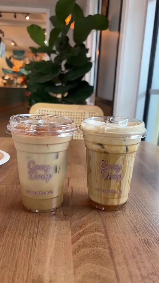 Cozy Drop in Parkland showing visit, review, coffee, iced ob latte, caramel iced latte, video by coffeencurlz on TikTok
