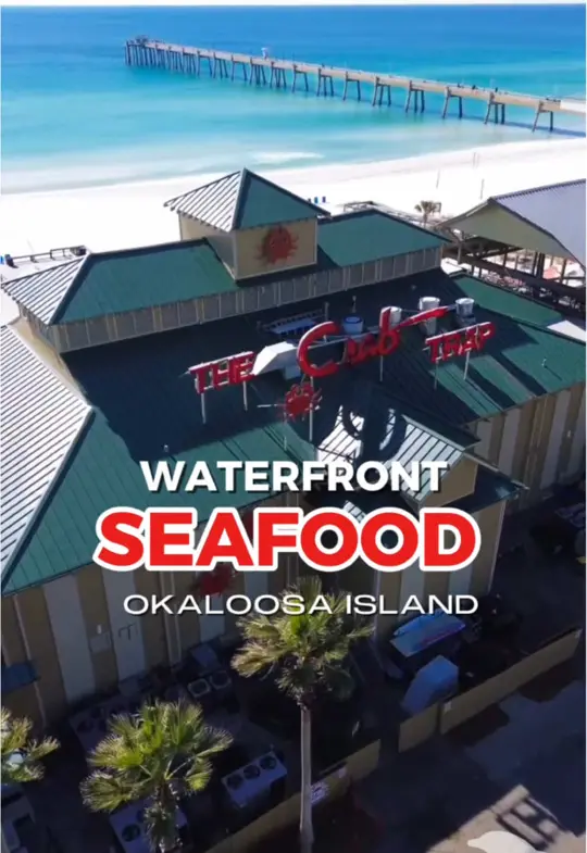 Crab Trap Destin in Destin showing seafood platter, snow crab, mussels, shrimp, hot crab dip, burgers, sunset view, video by todoindestin on TikTok