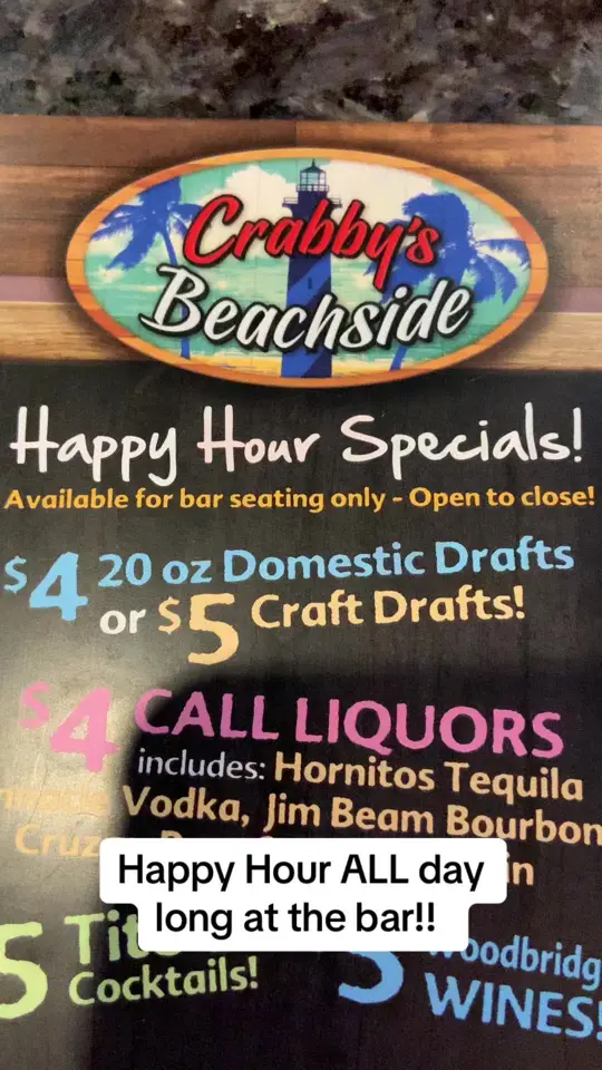 Crabby's Beachside in St. Augustine showing happy hour, bar seating, food specials, drink specials, video by atmstaug on TikTok