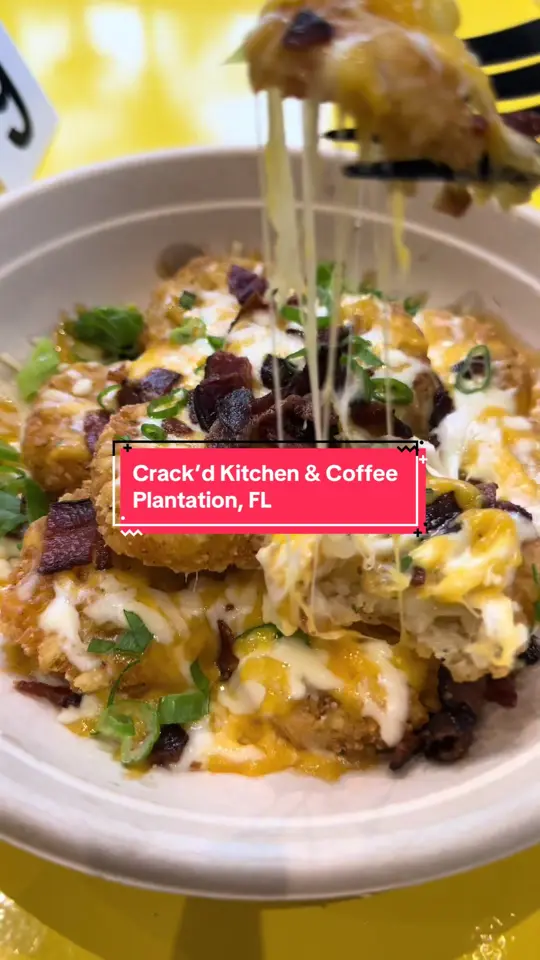 CRACK'D Kitchen & Coffee in Plantation showing visit, review, iced latte, loaded hashbrowns, video by karieatz_ on TikTok