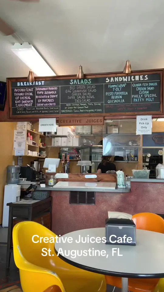 Creative Juices Natural Cafe in St. Augustine showing sandwich, salad, soup, breakfast, smoothie, juice, video by atmstaug on TikTok