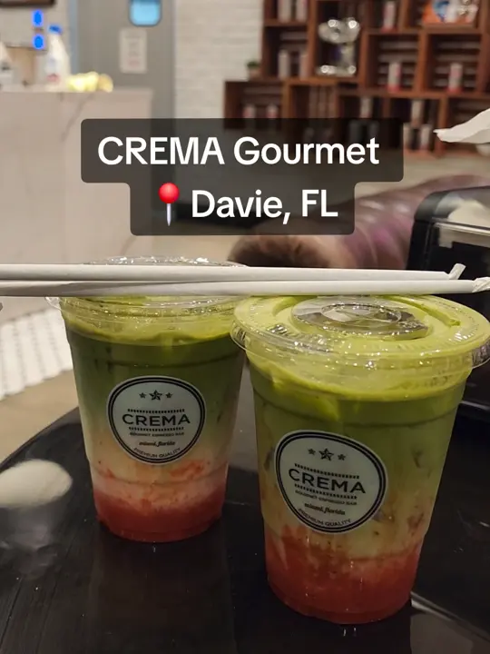 Crema Gourmet Davie in Davie showing coffee, strawberry matcha, review, visit, video by wanderlustandlattes on TikTok