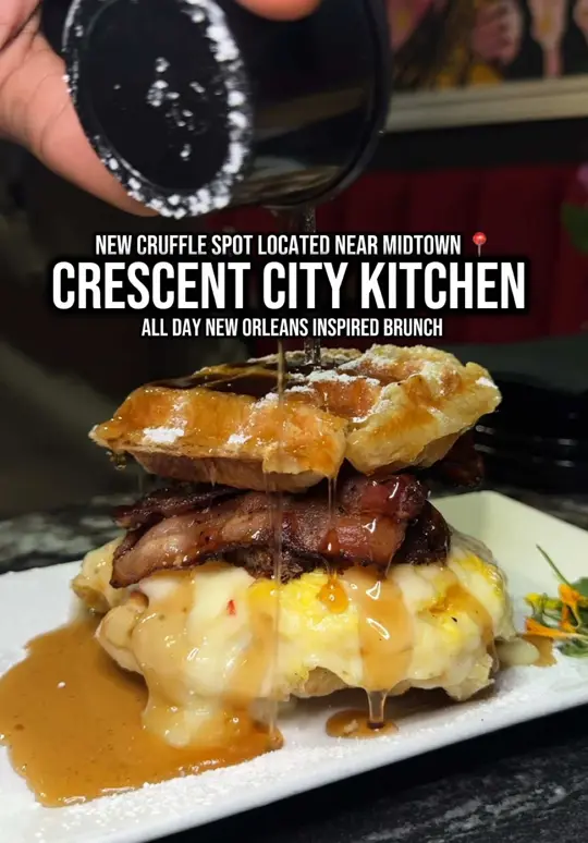 Crescent City Kitchen in Atlanta showing food, croissant waffle breakfast sandwich, video by _sunshineeats on TikTok