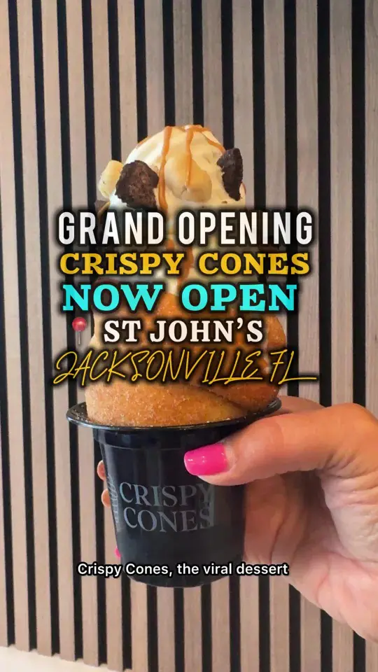 Crispy's in Jacksonville showing dessert, crispy cones, soft serve, fresh dough cones, toppings, visit, video by walkingonglittersunshine on TikTok