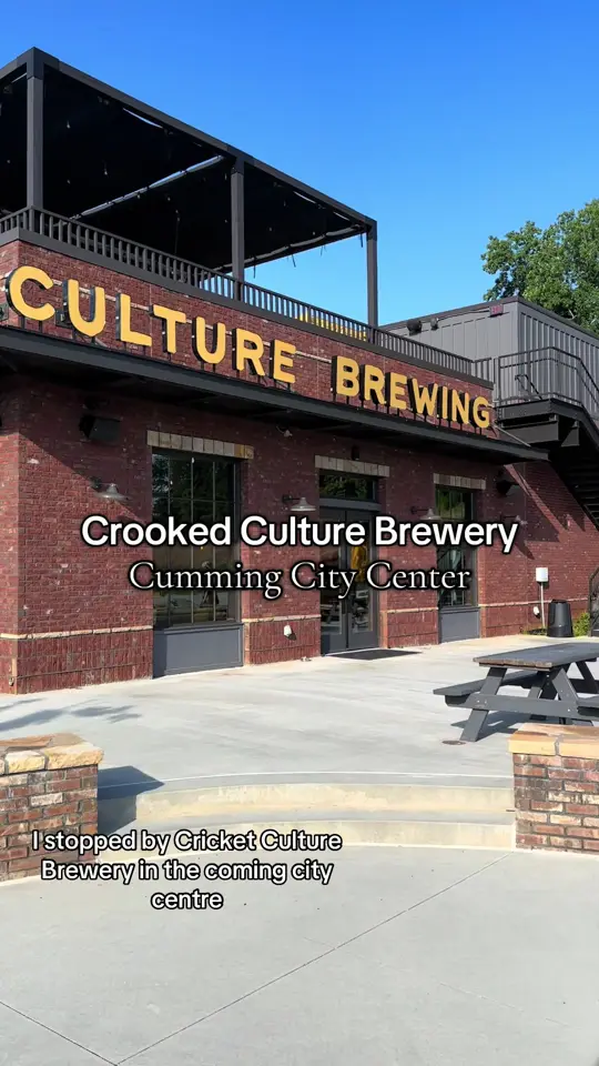 Crooked Culture Brewing in Cumming showing visit, review, patio, beer, jen with a g, peach sour, video by jamarexploresgeorgia on TikTok