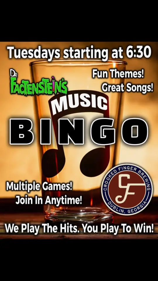 Crooked Finger Brewing in Dublin showing event, music bingo, drinks, beer, video by Dr. Factenstein's Trivia - Middle Georgi on Facebook