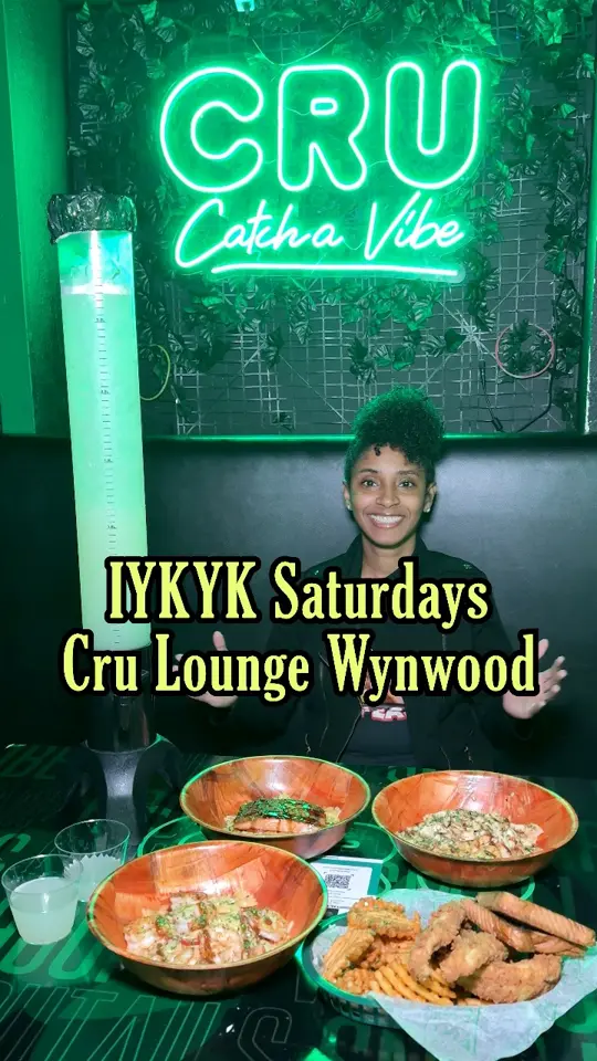 Cru Lounge Wynwood in Miami showing late night happy hour, drinks, video by Bri Eats on Facebook
