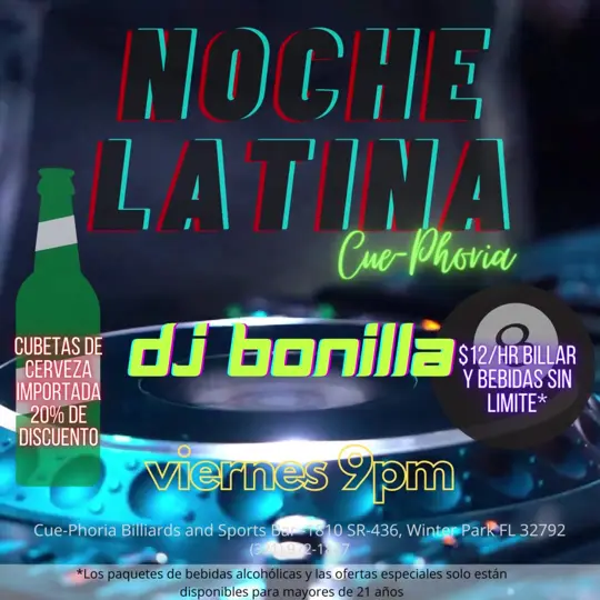 Cue-Phoria Billiards And Sports Bar in Winter Park showing live music, dj, latin night, drink specials, pool, video by Cue-Phoria Billiards and Cafe on Facebook