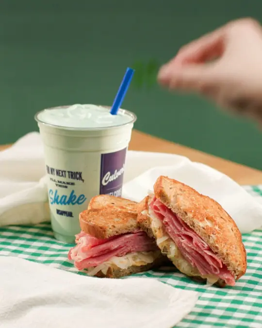 Culver’s in Valdosta showing food, grilled reuben melt, drink, mint shake, video by Culver's on Facebook