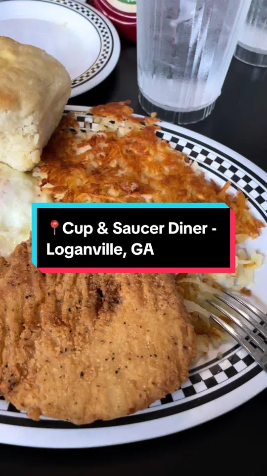 Cup & Saucer Diner Restaurant in Loganville showing visit, southern food, video by amanda.eatz on TikTok