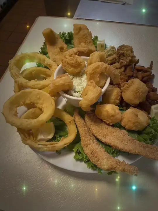 Cupboard Cafe & Gifts in Dillard showing seafood platter, fresh scallops, fresh oysters, shrimp, flounder, catfish, video by Cupboard Cafe on Facebook