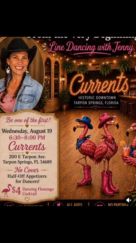 Currents Restaurant & Historic Event Hall in Tarpon Springs showing event venue, linedancing, funtimes, video by Currents Restaurant Tarpon Springs on Facebook