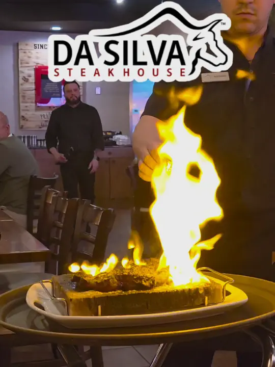 Da Silva Steakhouse in Orlando showing review, flambéed ribeye, burgers, chicken tenders, tres leches, quesillo, video by epicfamilyquests on TikTok