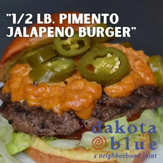 Dakota Blue in Atlanta showing food, 1/2 lb. pimento jalapeno burger, video by ATL Burger Week on Facebook
