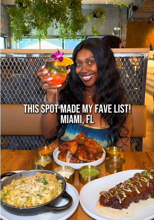 Dando La Brasa - Miami in Miami showing food, charcoal-grilled chicken, shrimp ceviche, rotisserie chicken empanadas, loaded baked potato, mac and cheese, steak, ribs, sangria, desserts, video by theashsarai on TikTok