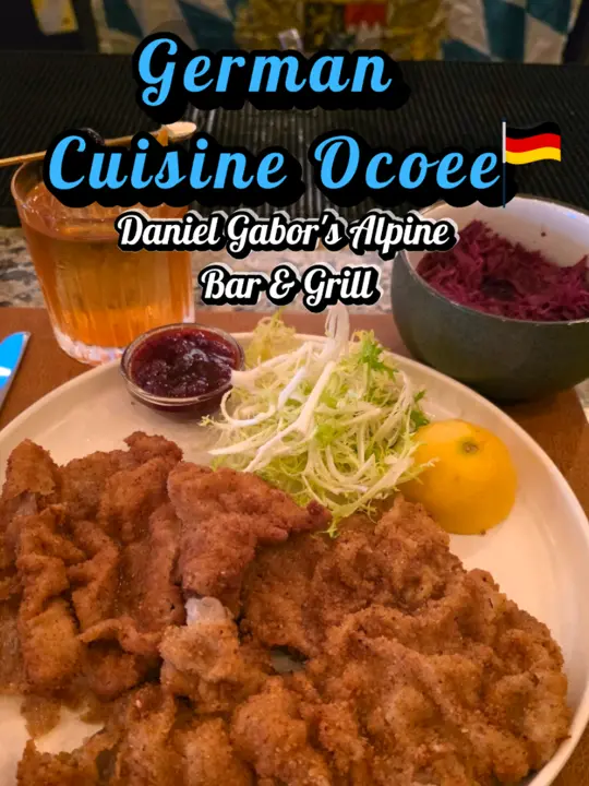 Daniel Gabor's in Ocoee showing food, veal schnitzel, red cabbage, drink, fat washed old fashioned, dessert, mascarpone cheesecake with blueberry sauce, video by mr.flowdaman on TikTok