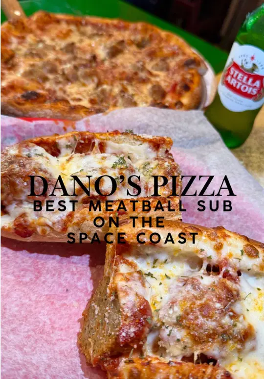 Dano's Pizza by the Shore in Indian Harbour Beach showing pizza, meatball sub, review, visit, video by spacecoastvibeanddine on TikTok