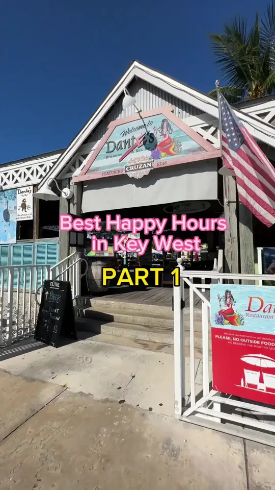 Dante's Key West Pool Bar & Restaurant in Key West showing happy hour, drinks, food specials, video by danteskeywest on TikTok