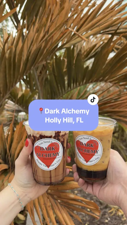 Dark Alchemy Coffee in Holly Hill showing coffee, strawberry mocha, caramel cold brew, video by icedcoffeeconnoisseur on TikTok