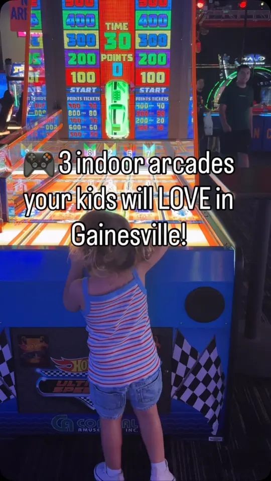 Dave & Buster's Gainesville in Gainesville showing arcade, games, prizes, full menu, half-price wednesdays, video by Fun 4 Gator Kids on Facebook