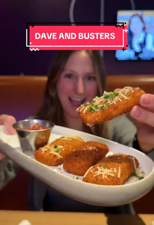 Dave & Buster's in Panama City Beach showing menu items, burger, cheese, video by fooodforfooodies on TikTok