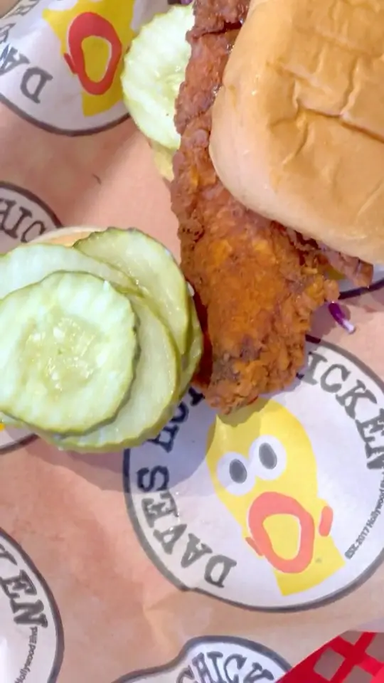Dave's Hot Chicken in Miami showing review, hot chicken sandwich, mac & cheese, fries, video by Burger Beast on Facebook