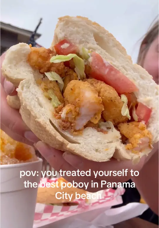 David's New Orleans Style Cafe & Sno-Balls in Panama City Beach showing sandwich, fried shrimp po'boy, video by cameroncam21 on TikTok