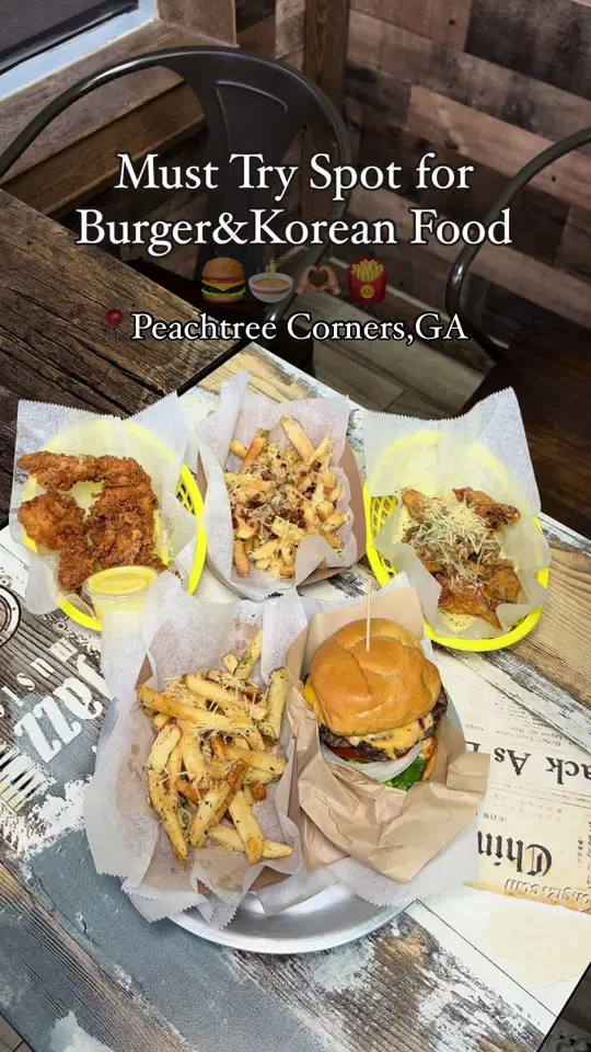 Dean's Wings & Korean Kitchen in Peachtree Corners showing review, visit, dean burger, garlic parmesan wings, homemade honey mustard sauce, donkatsu, video by travelfoodie_ishy on TikTok