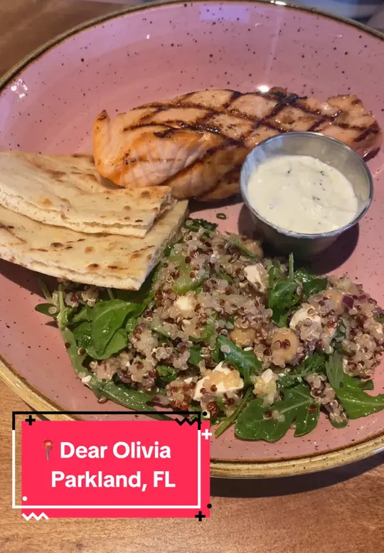 Dear Olivia - Parkland, FL in Parkland showing review, grilled salmon santorini, crispy tempura shrimp tacos, video by hellofoodfinds on TikTok