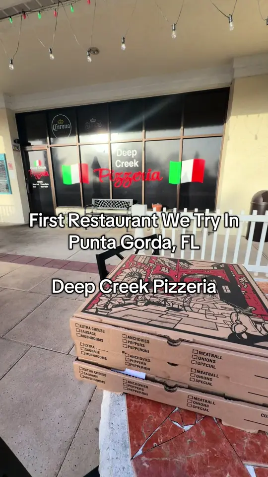 Deep Creek Pizzeria in Punta Gorda showing pizza, cheese and pepperoni pizza, video by growingupbright on TikTok