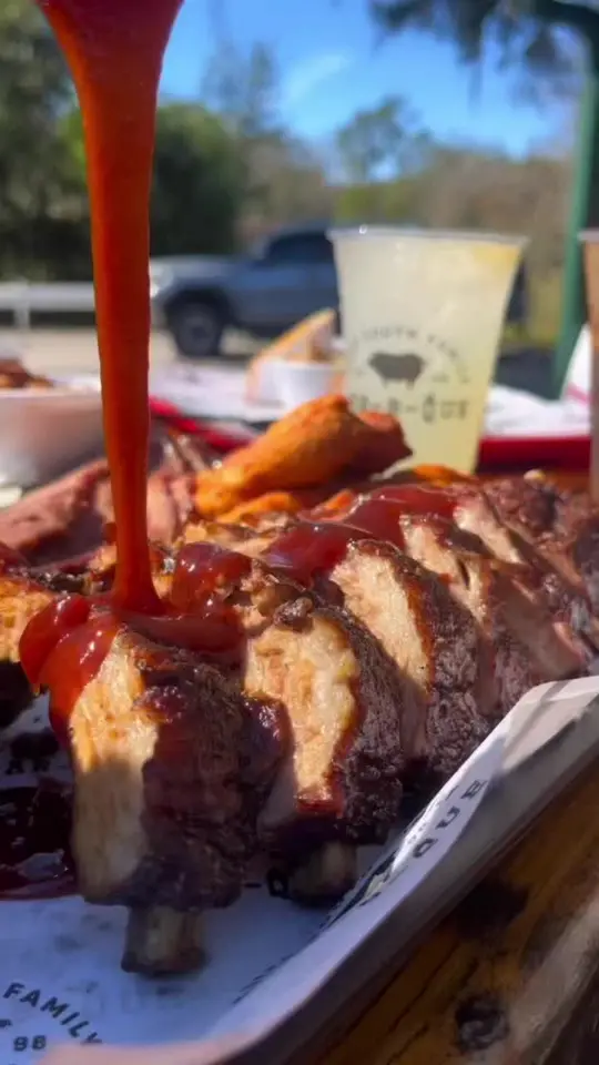 Deep South Family BBQ in Brooksville showing food, fried green tomatoes, bbq platter, brisket, smoked chicken, pulled pork, baby back ribs, video by eatlocalflorida on TikTok