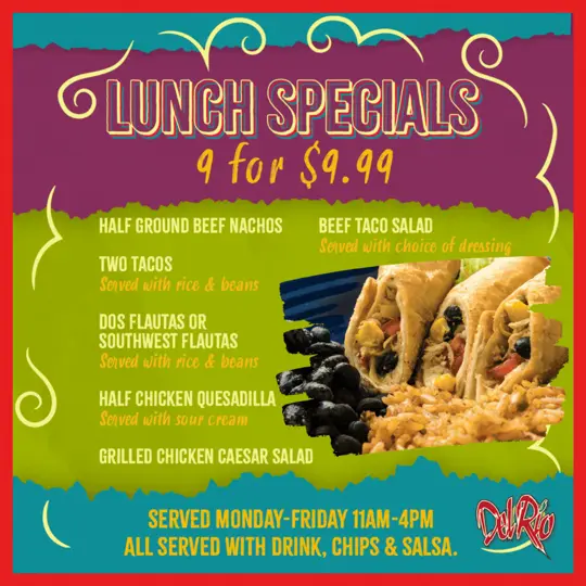 Del Rio Mexican Grill in Dacula showing food, daily lunch specials, party/family packs, video by Del Rio Grill & Cantina on Facebook