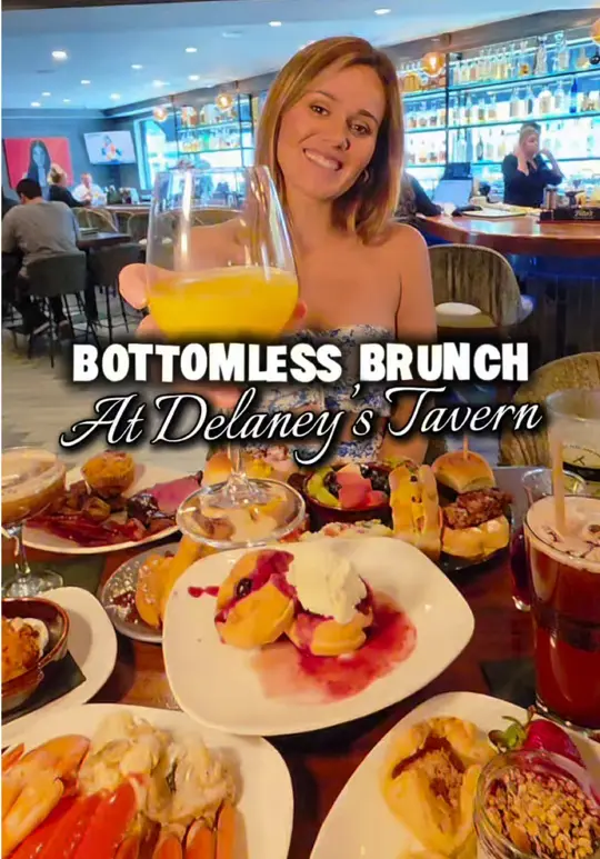 Delaney's Tavern in Orlando showing brunch, buffet, bottomless drinks, carving station, chocolate fountain, ice cream station, video by neverboredinorlando on TikTok
