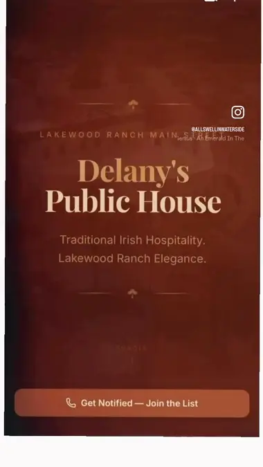 Delany`s Public House in Lakewood Ranch showing announcement, irish pub, food, drinks, video by Lakewood Ranch on Facebook
