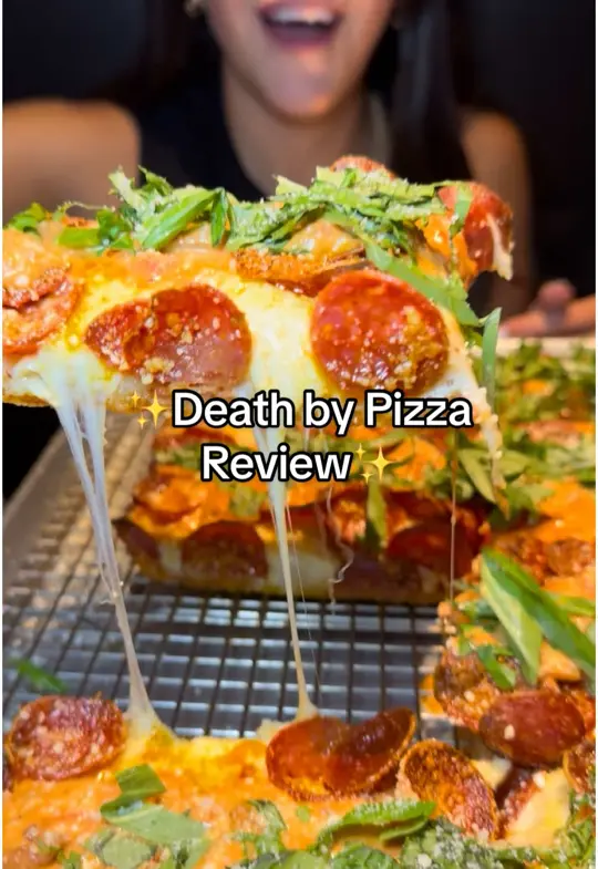 Delray Pizza in Delray Beach showing review, spinach dip & chips, honey buffalo chicken wings, ultimate salad, ricotta gnocchi, mushroom alfredo, meatball burrata pizza, video by chefitupwithlani on TikTok