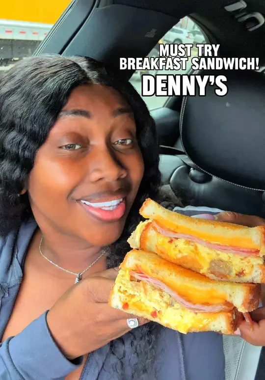 Denny's Restaurant in Jacksonville showing food review, grand slamwich, video by theashsarai on TikTok