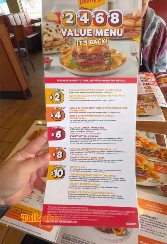 Denny's Restaurant in Kissimmee showing menu, value menu, video by orlandofoodnet on TikTok