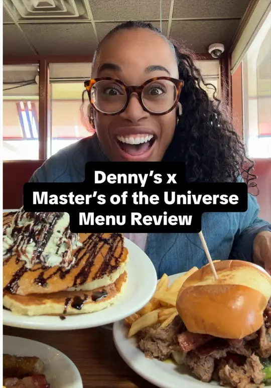 Denny's Restaurant in Miami showing food, he-man battle burger / food, eternia’s premium breakfast slam / food, skeletor’s dark shakeverse milkeshake, video by adventurousdana on TikTok