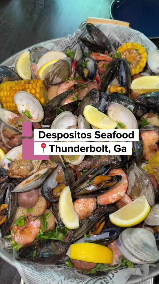 Desposito's Seafood in Thunderbolt showing review, chilled smoked fish dip bruschetta, spicy fried flounder blt, blueberry cobbler with vanilla ice cream, video by j.chantel on TikTok