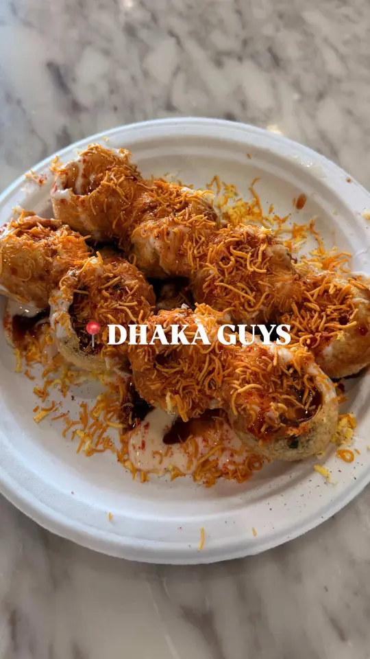 Dhaka Guys Halal Restaurant in Doraville showing food, doi fuchka, malai cha, paratha burger, video by nomnombitessss on TikTok