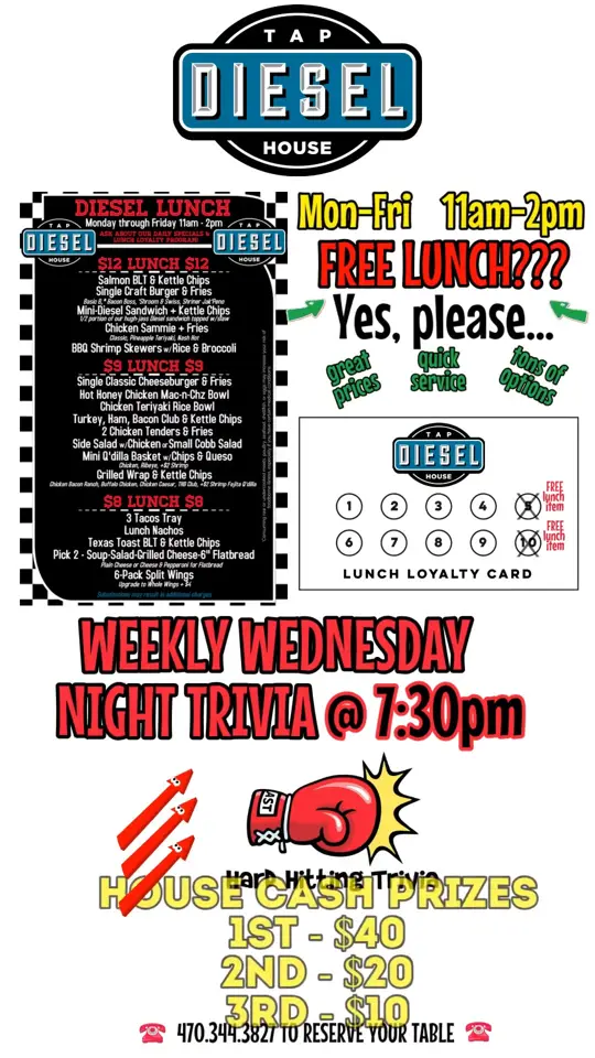 Diesel Tap House in Buford showing lunch menu, loyalty program, trivia night, video by Diesel Tap House on Facebook