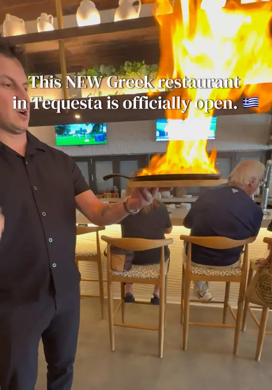  in Florida showing review, visit, atmosphere, house-made pita, flaming saganaki, whipped feta, spicy honey chicken, spanakopita, video by thatpalmbeachmom on TikTok