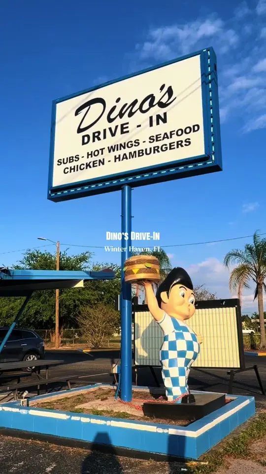 Dino's Drive-In in Winter Haven showing burger, fries, milkshake, video by good.travelvibes on TikTok