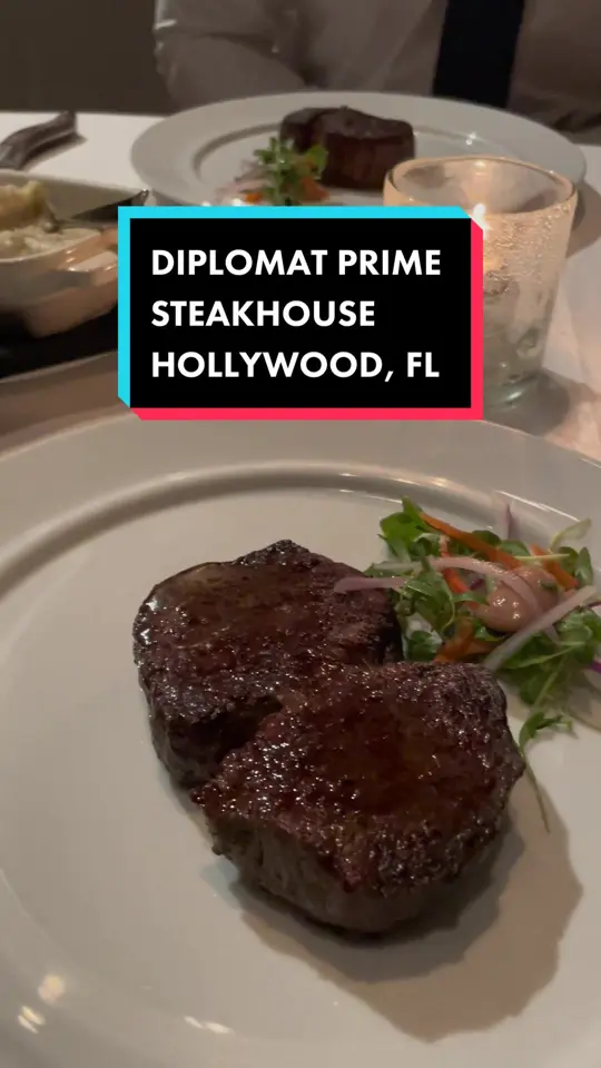 Diplomat Prime in Hollywood showing review, visit, prime beef carpaccio, australian wagyu, filet mignon, crab crusted halibut, truffle mashed potatoes, video by miamariesimonetta on TikTok