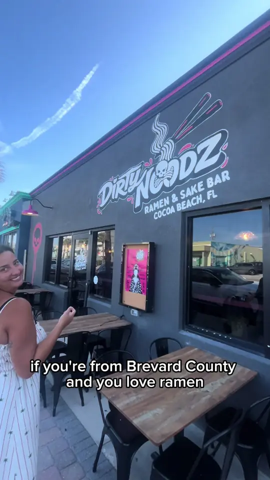 Dirty Noodz in Cocoa Beach showing sake flight, potstickers, tempura fried egg, veg head ramen, rich bich ramen, video by gabiomg on TikTok